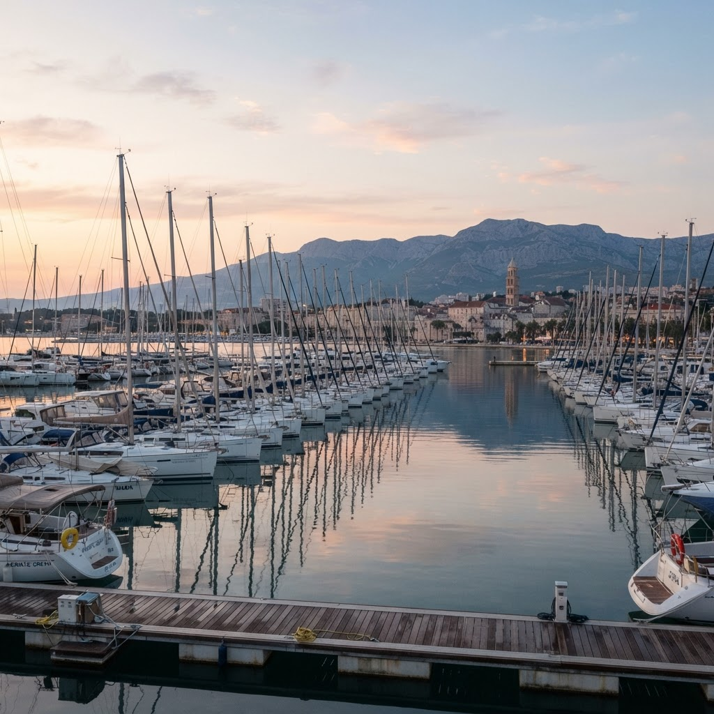 A calm marina in Split at dawn with rows of moored sailing yachts