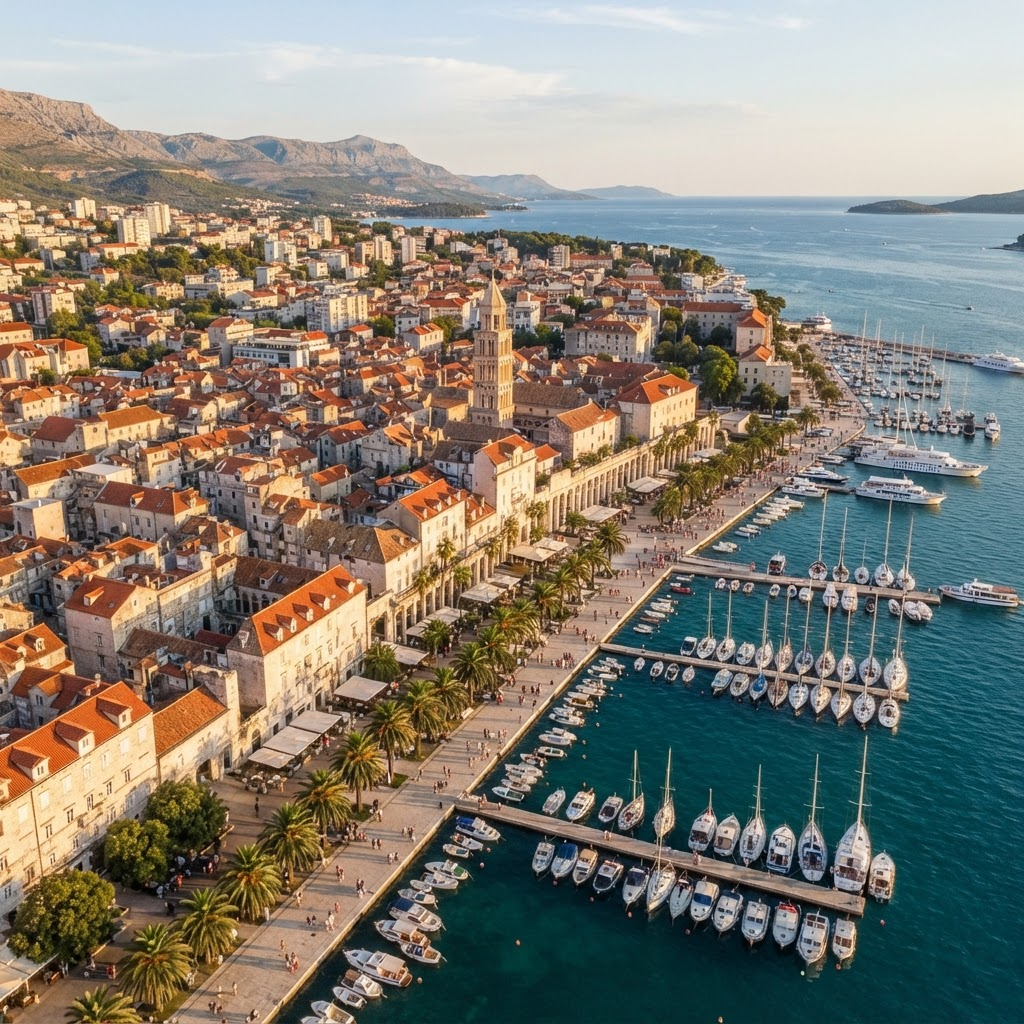 Aerial view of Split old town and harbor with Diocletian's Palace