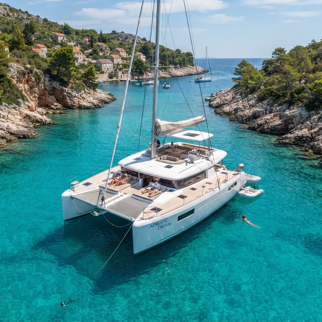 A luxury sailing catamaran anchored in a turquoise Croatian bay