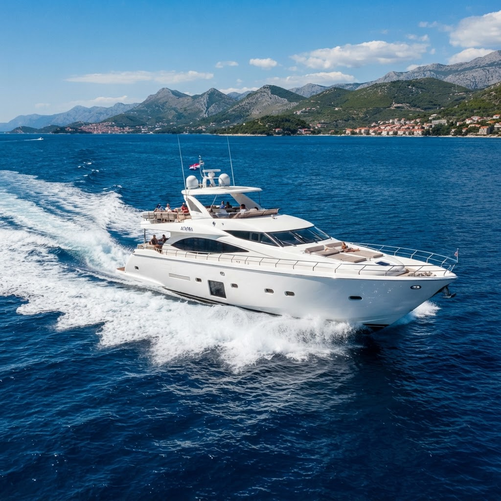 A sleek white luxury motor yacht cruising across the deep blue Adriatic