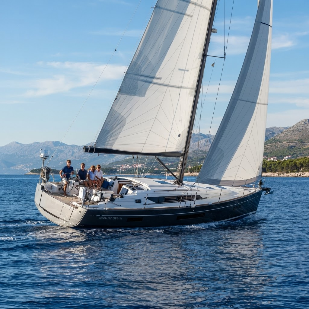 A sleek monohull sailing yacht under full sail on the blue Adriatic