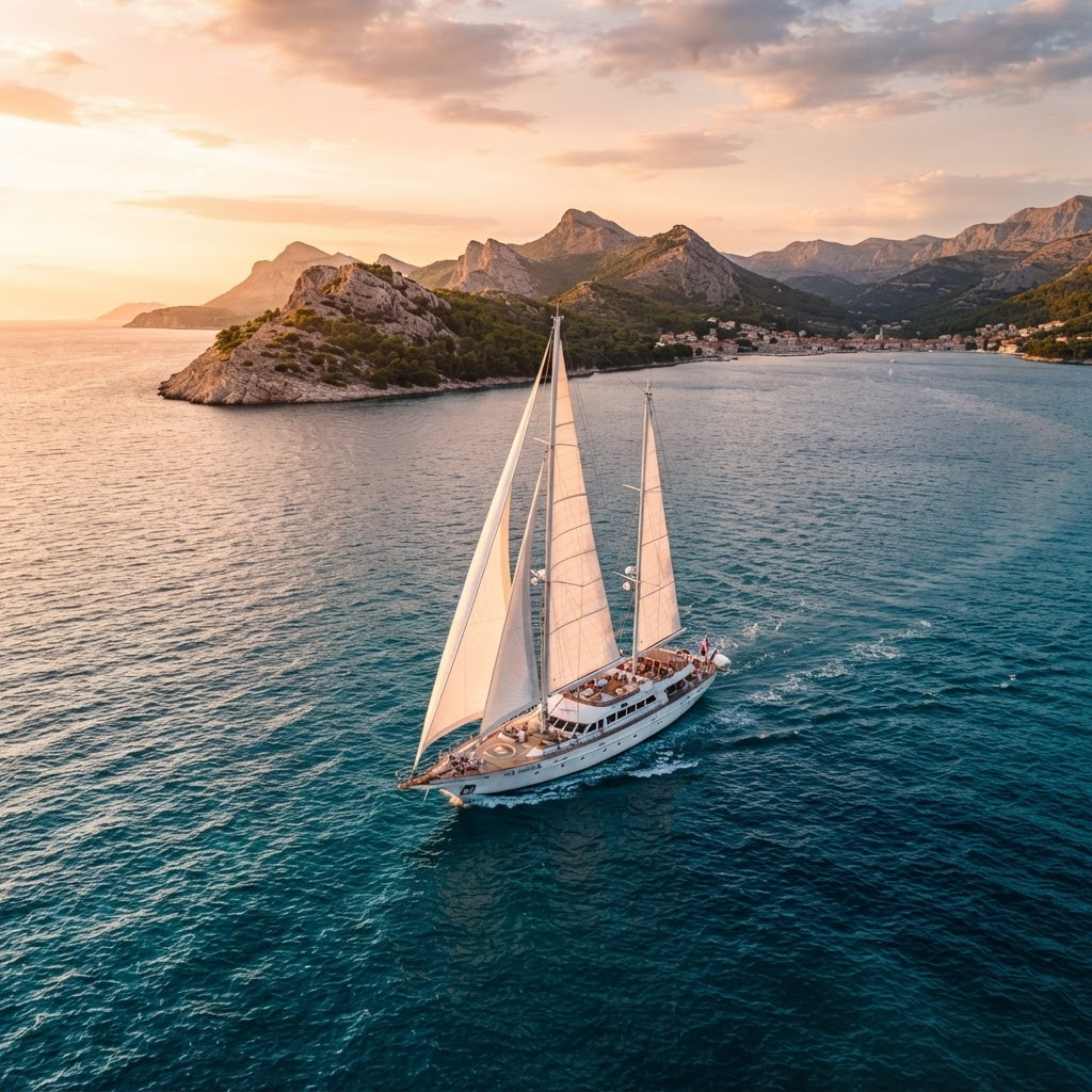 A luxury sailing yacht crossing the turquoise Adriatic Sea near the Croatian coast at golden hour